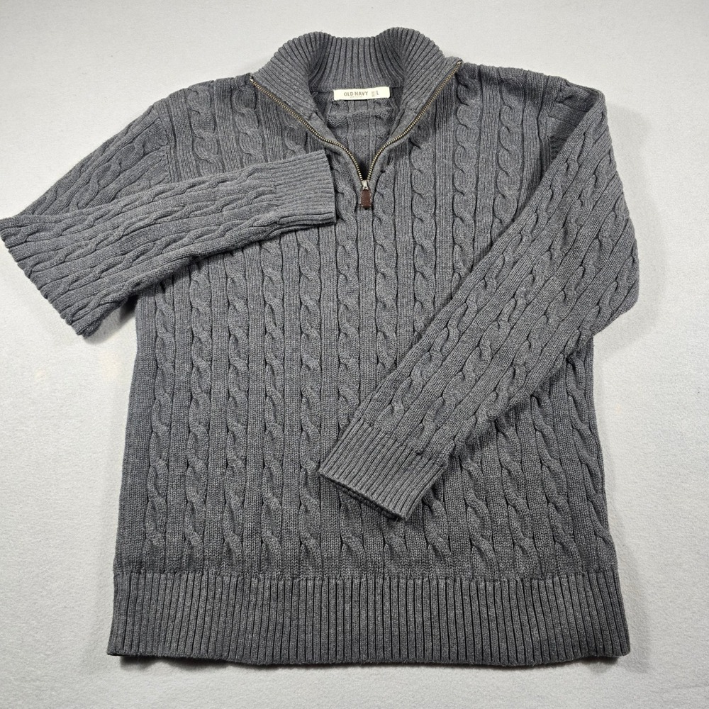 Old Navy Mens Large Gray Sweater 1/4 Zip‎ Pullover Cable Knit Cotton Mock Neck - Picture 3 of 8